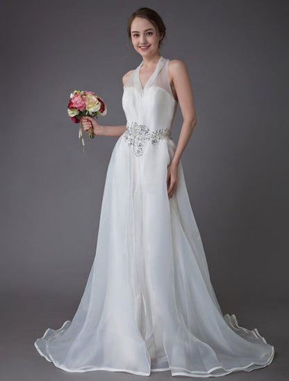 Ivory Wedding Jumpsuits Halter V Neck Rhinestones Backless Bridal Dress