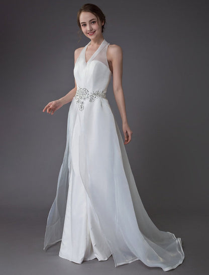 Ivory Wedding Jumpsuits Halter V Neck Rhinestones Backless Bridal Dress