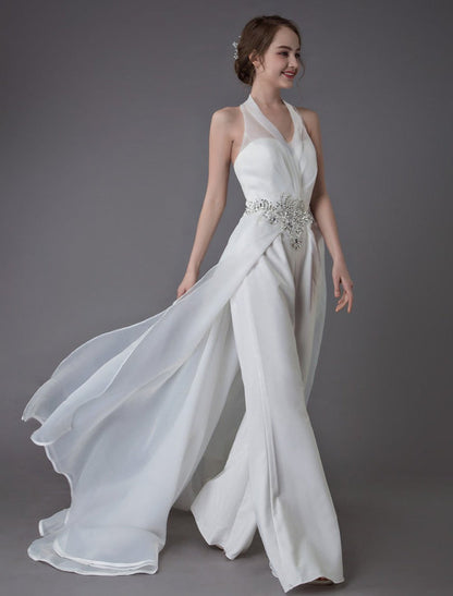Ivory Wedding Jumpsuits Halter V Neck Rhinestones Backless Bridal Dress
