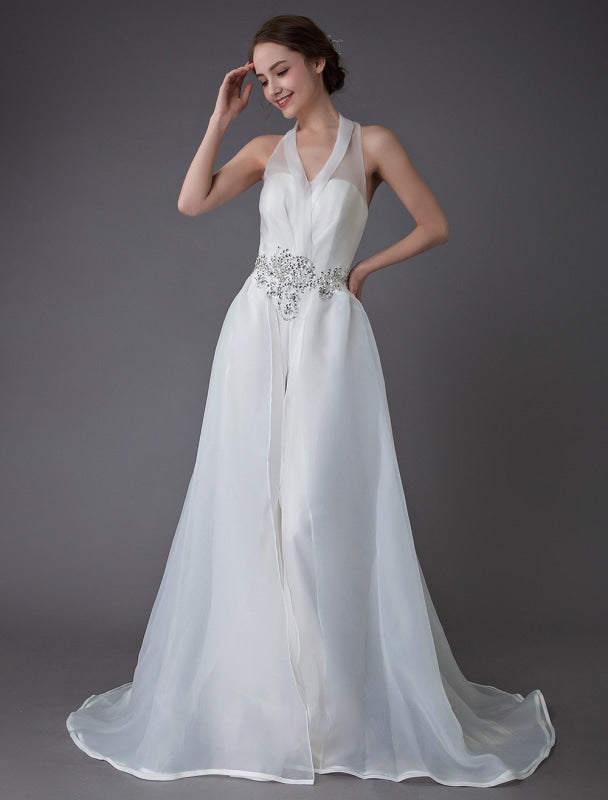 Ivory Wedding Jumpsuits Halter V Neck Rhinestones Backless Bridal Dress