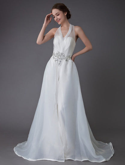 Ivory Wedding Jumpsuits Halter V Neck Rhinestones Backless Bridal Dress