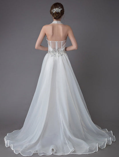 Ivory Wedding Jumpsuits Halter V Neck Rhinestones Backless Bridal Dress