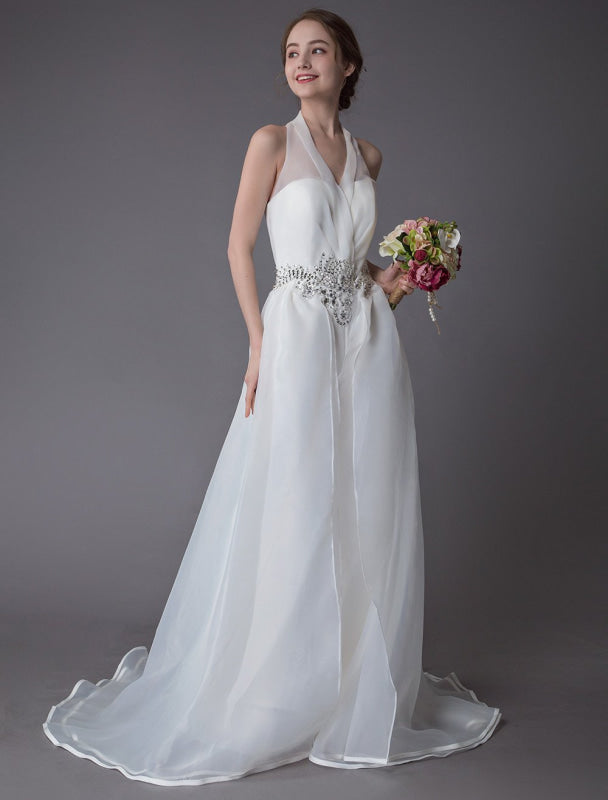 Ivory Wedding Jumpsuits Halter V Neck Rhinestones Backless Bridal Dress