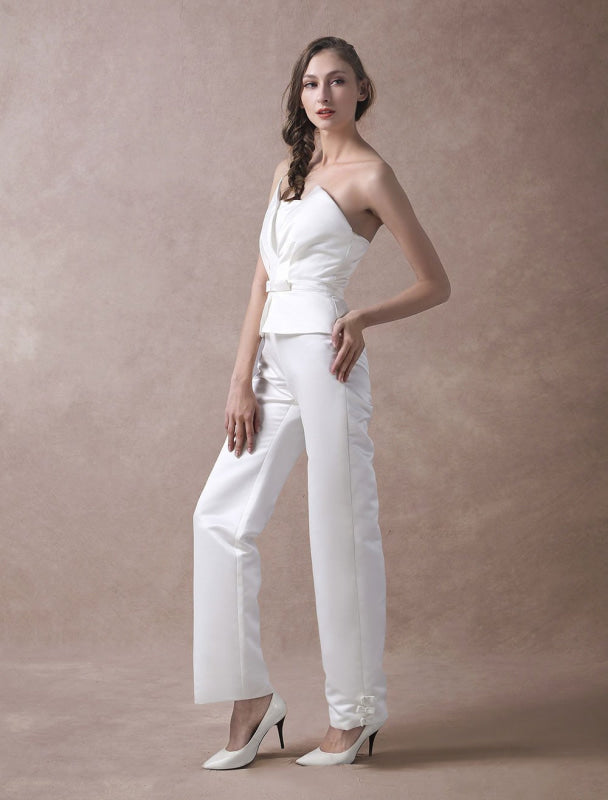 Ivory Wedding Jumpsuits Strapless Satin Bow Sash Long Bridal Jumpsuits
