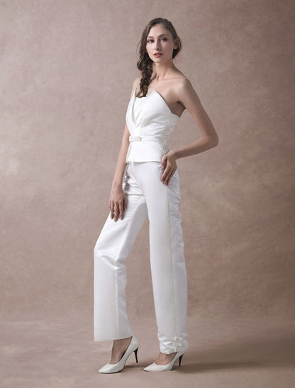 Ivory Wedding Jumpsuits Strapless Satin Bow Sash Long Bridal Jumpsuits