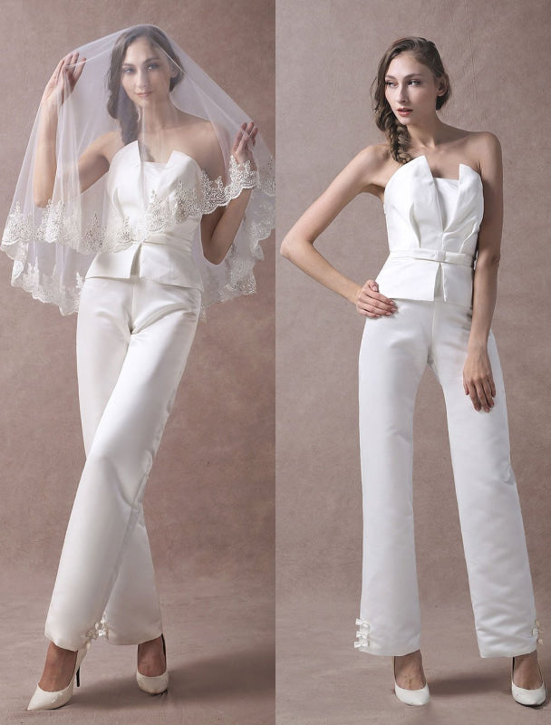 Ivory Wedding Jumpsuits Strapless Satin Bow Sash Long Bridal Jumpsuits