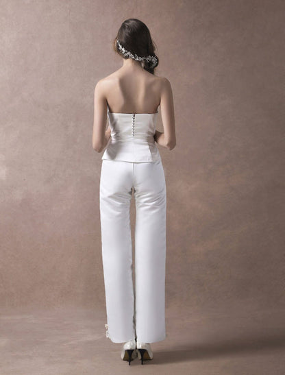 Ivory Wedding Jumpsuits Strapless Satin Bow Sash Long Bridal Jumpsuits