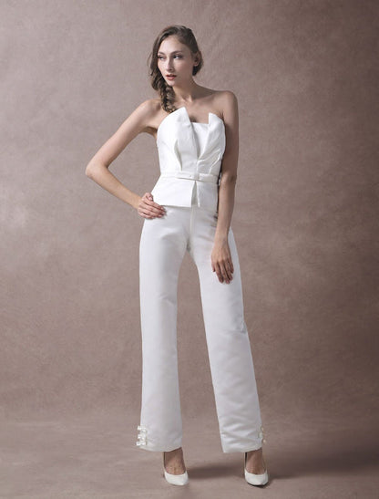 Ivory Wedding Jumpsuits Strapless Satin Bow Sash Long Bridal Jumpsuits