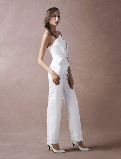 Ivory Wedding Jumpsuits Strapless Satin Bow Sash Long Bridal Jumpsuits