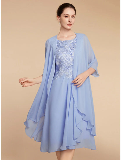 Aimishang  Two Piece Sheath / Column Mother of the Bride Dress Wedding Guest Elegant Petite Scoop Neck Knee Length Chiffon Lace Half Sleeve with Ruching Solid Color