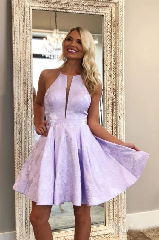 Jacquard Floral Pocketed Halter Short Prom Dress