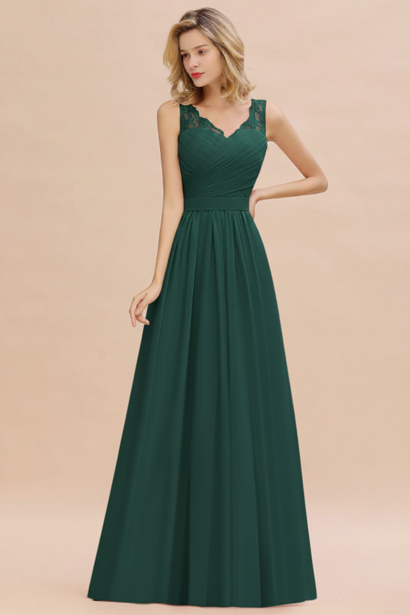 Modest Floral Lace A-line Bridesmaid Dress V-Neck Ruched Chiffon Wedding Guest Dress