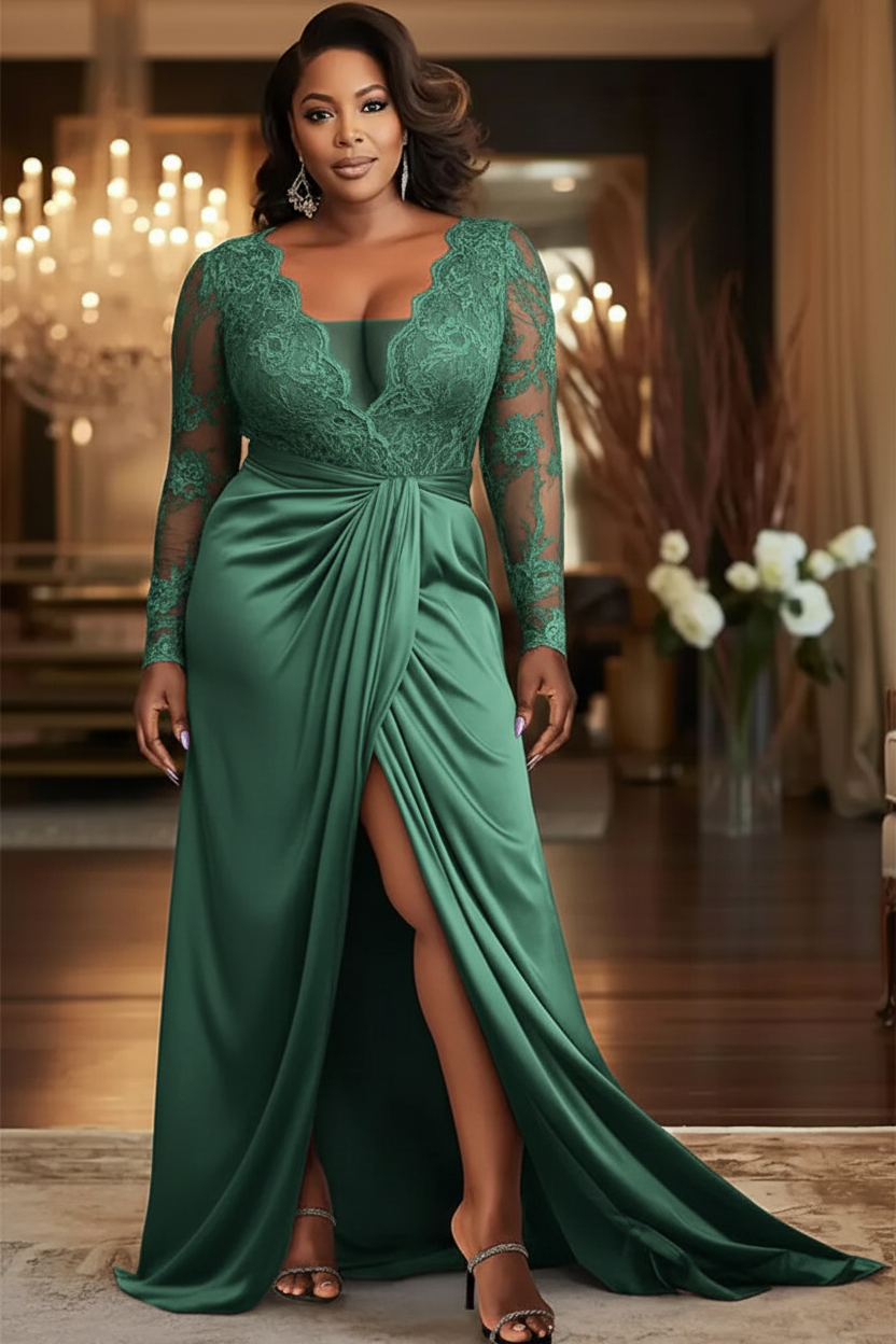 V-Neck Black Mother of the Bride Dress Long Sleeves lace Front Slit Wedding Guest Dress