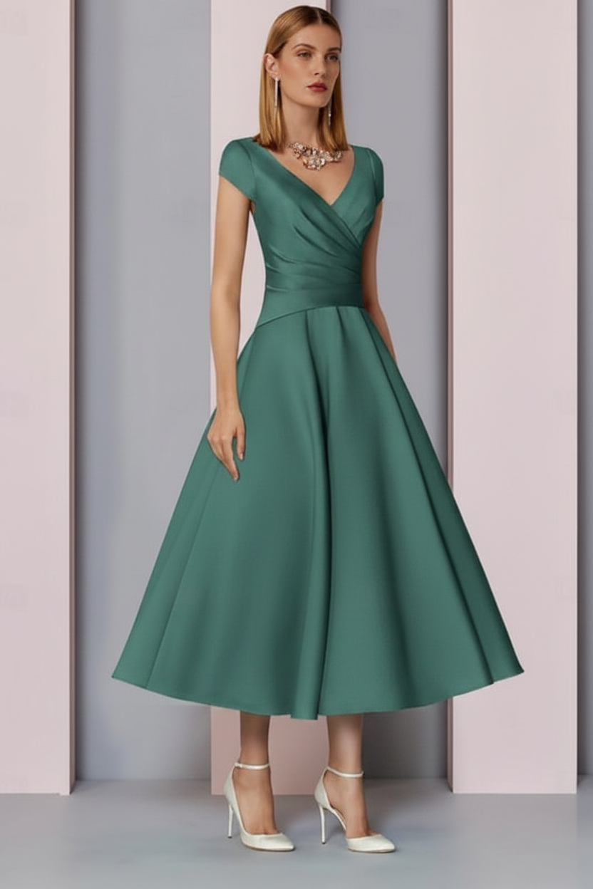 Navy Satin A-Line Mother of the Bride Dress V Neck Tea Length Wedding Guest Dress