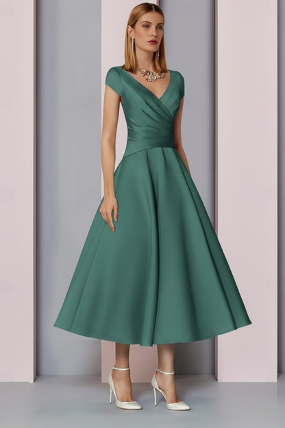Navy Satin A-Line Mother of the Bride Dress V Neck Tea Length Wedding Guest Dress