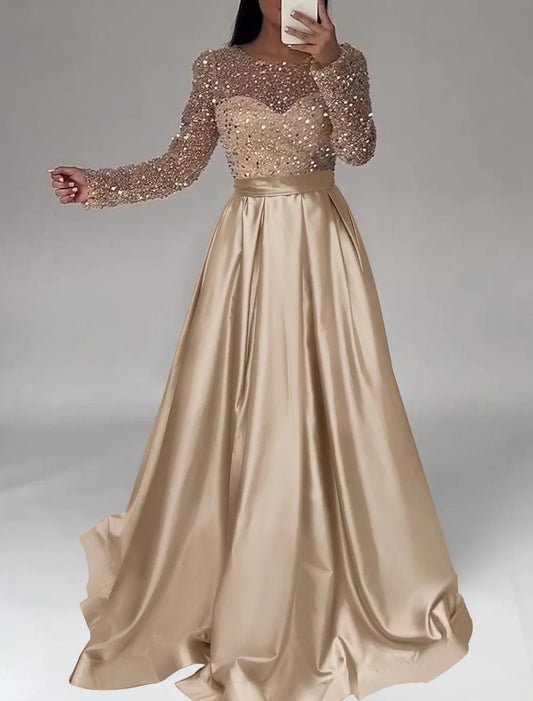 A-Line Evening Gown Sparkle Dress Wedding Black Tie Floor Length Long Sleeve Jewel Neck Satin with Sequin 2025