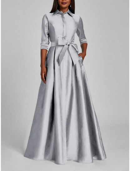 Satin A-Line Evening Gown Champagne Gold Minimalist Black Christmas Red Green Dress Dress Formal Fall Floor Length Half Sleeve Shirt Collar with Bow(s) Pleats 2025