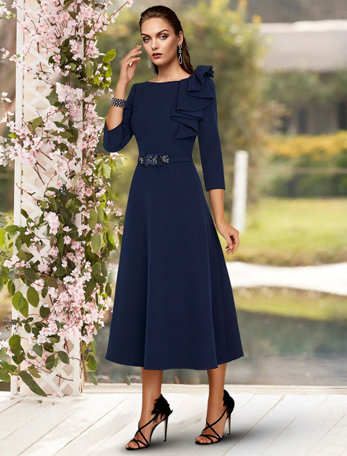 Aimishang  A-Line Mother of the Bride Dress Wedding Guest Elegant Jewel Neck Tea Length Stretch Fabric 3/4 Length Sleeve with Sash / Ribbon Side Draping Fall