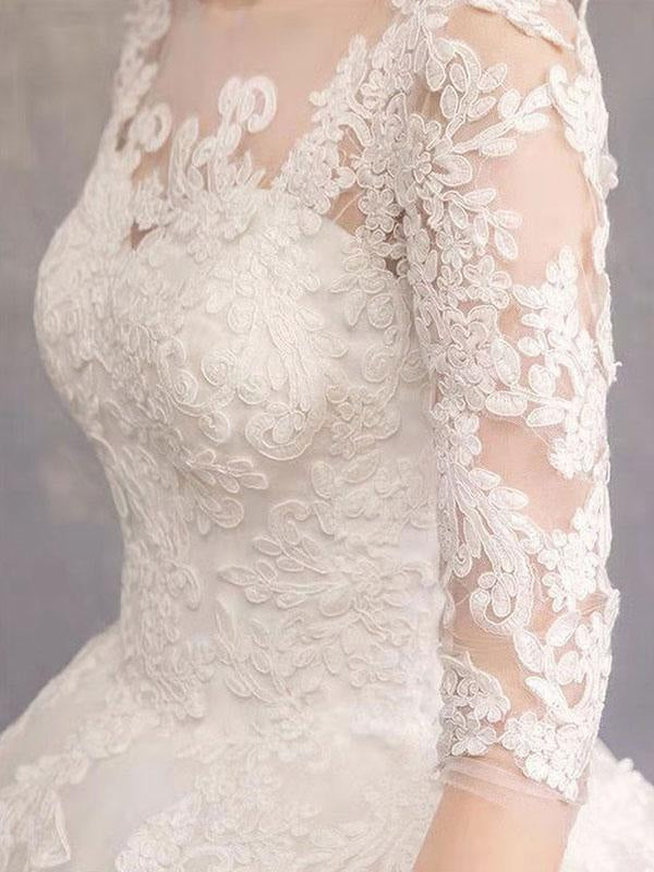 Jewel Neck Half-Sleeve Wedding Dresses White Tulle Lace Up Floor Length Bride Dresses