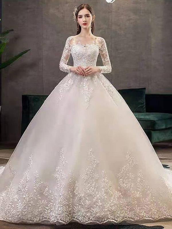 Jewel Neck Long Sleeves Vintage Wedding Dresses White Satin Cathedral Train Dress with Appliques