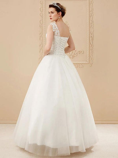 Jewel Neck Sleeveless Wedding Dresses White Tulle Lace Floor Length Bride Dresses