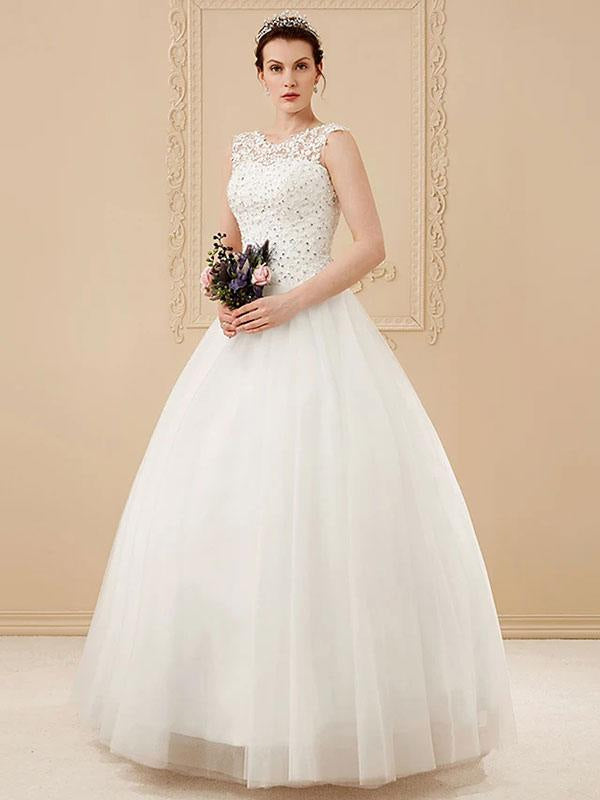Jewel Neck Sleeveless Wedding Dresses White Tulle Lace Floor Length Bride Dresses