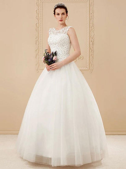 Jewel Neck Sleeveless Wedding Dresses White Tulle Lace Floor Length Bride Dresses