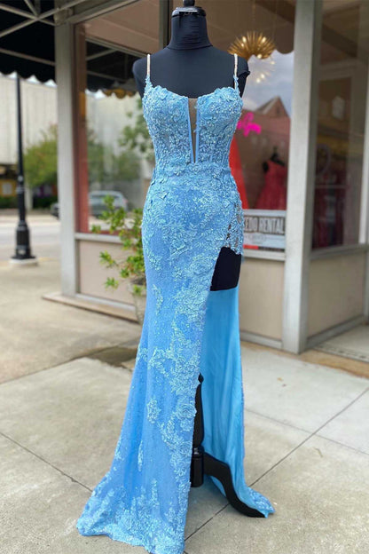 Blue Sequin Appliques Cold-Shoulder Long Prom Gown with Slit