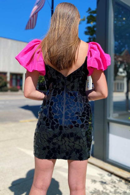 Black Cut Glass Mirror Short Party Dress with Puff Sleeves