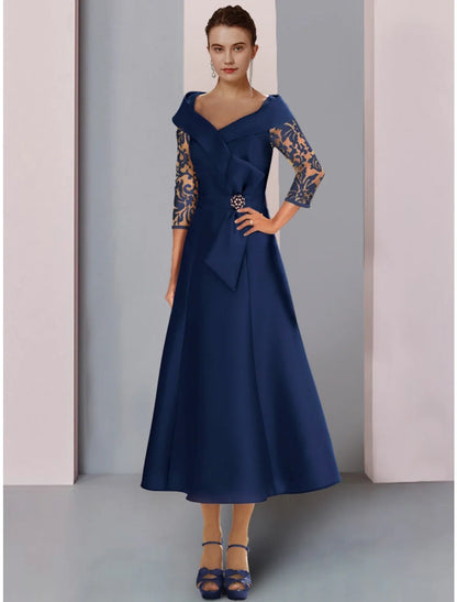 Aimishang  A-Line Mother of the Bride Dress Wedding Guest Elegant Petite V Neck Tea Length Satin Lace 3/4 Length Sleeve with Bow(s) Crystal Brooch Ruching