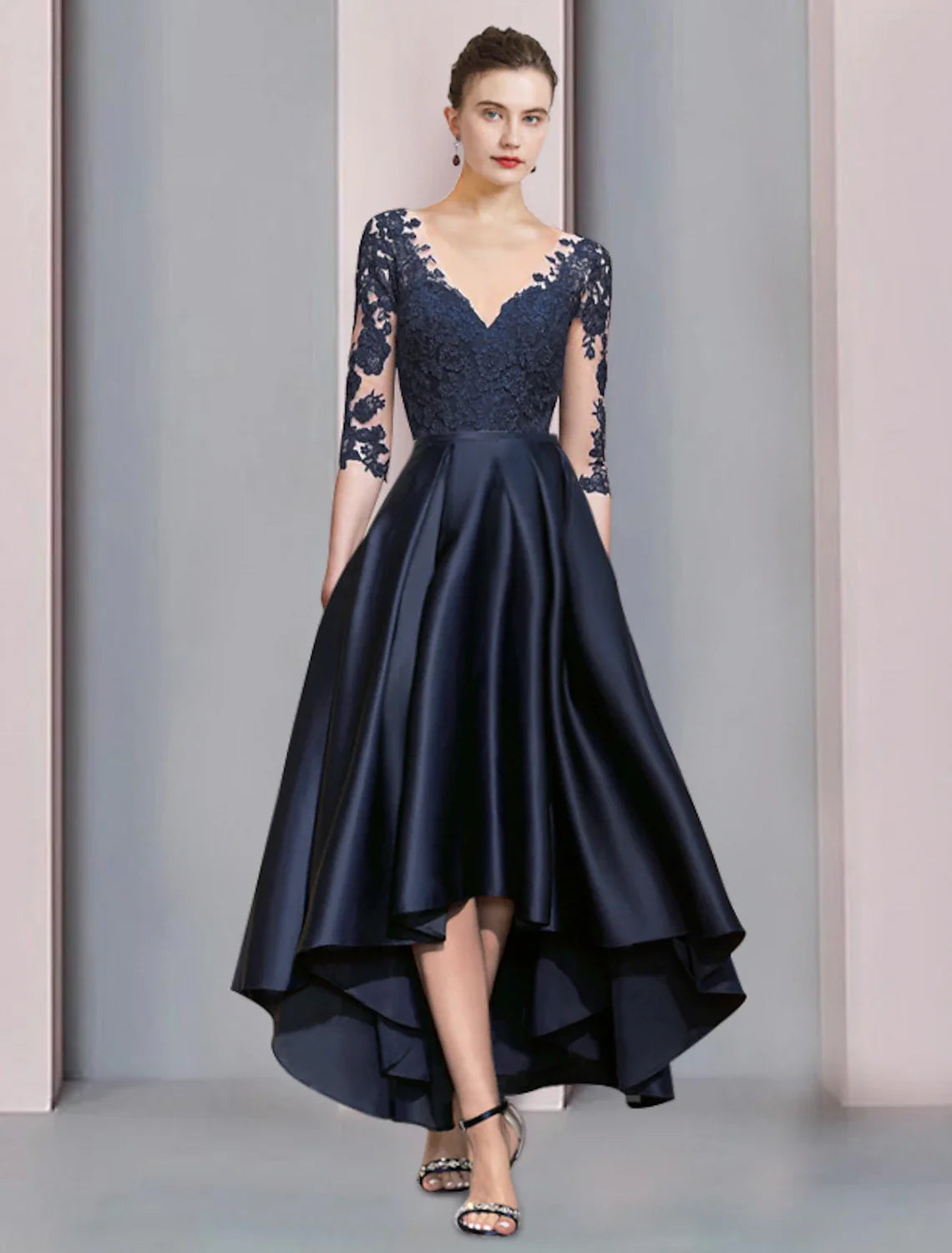 Aimishang A-Line Mother of the Bride Dress Wedding Guest Vintage Sexy V Neck Asymmetrical Satin Lace Half Sleeve with Pleats