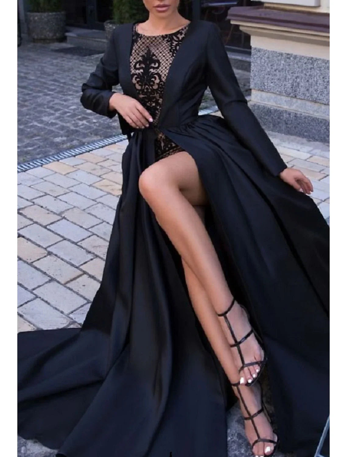 Aimishang Ball Gown Evening Gown Black Dress Vintage Halloween Wedding Party Sweep / Brush Train Long Sleeve Illusion Neck Wednesday Addams Family Satin with Slit Overskirt