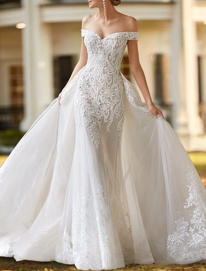 Aimishang Engagement Formal Wedding Dresses Two Piece Off Shoulder Cap Sleeve Court Train Satin Bridal Gowns With Beading Appliques