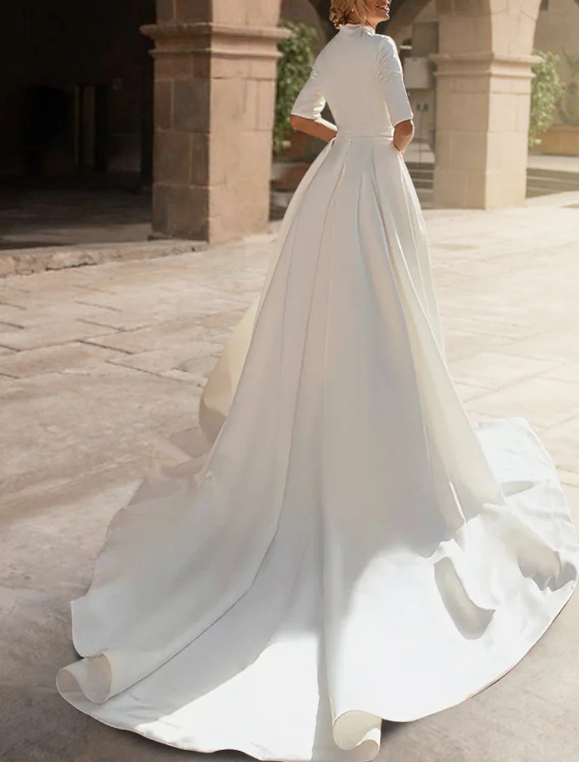 Aimishang Engagement Royal Style Formal Wedding Dresses A-Line Sweetheart Half Sleeve Court Train Satin Bridal Gowns With Ruffles Appliques