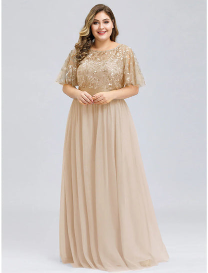 DingjiA-Line Prom Dresses Plus Size Dress Wedding Guest Prom Floor Length Short Sleeve Jewel Neck Bridesmaid Dress Chiffon with Appliques