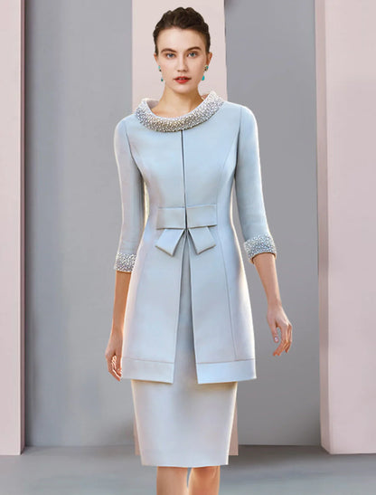 Aimishang  Two Piece Mother of the Bride Dress Wedding Guest Party Elegant Scoop Neck Knee Length Satin 3/4 Length Sleeve with Bow(s) Pearls