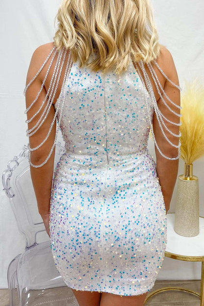 White Iridescent Sequin Halter Homecoming Dress with Fringes