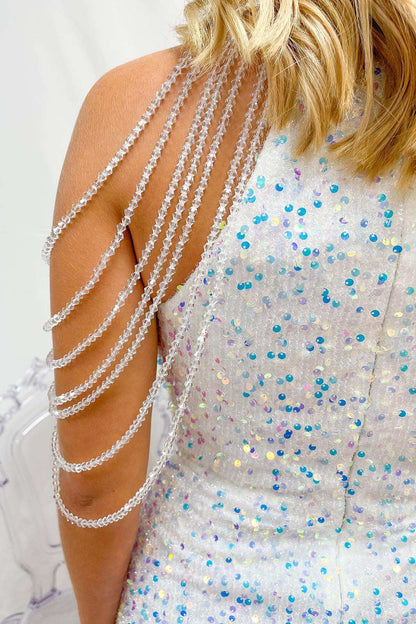 White Iridescent Sequin Halter Homecoming Dress with Fringes