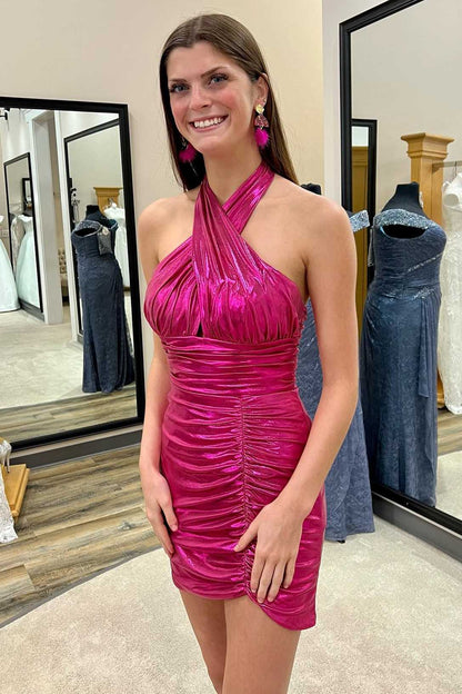 Neon Pink Halter Ruched Short Party Dress