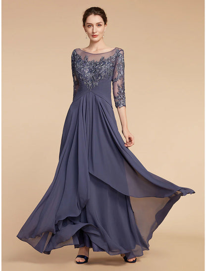 Aimishang  A-Line Mother of the Bride Dress Elegant V Neck Floor Length Chiffon Lace 3/4 Length Sleeve with Ruffles Appliques