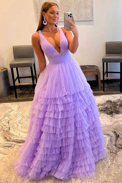 Multi-Tiered Lavender Plunge Neck A-Line Long Prom Dress
