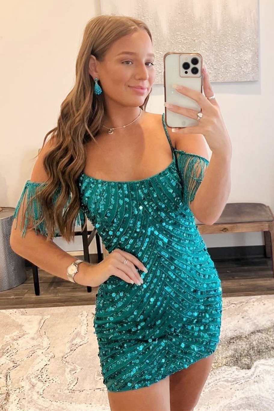 Emerald Sequin Cold-Shoulder Fringe Short Cocktail Gown