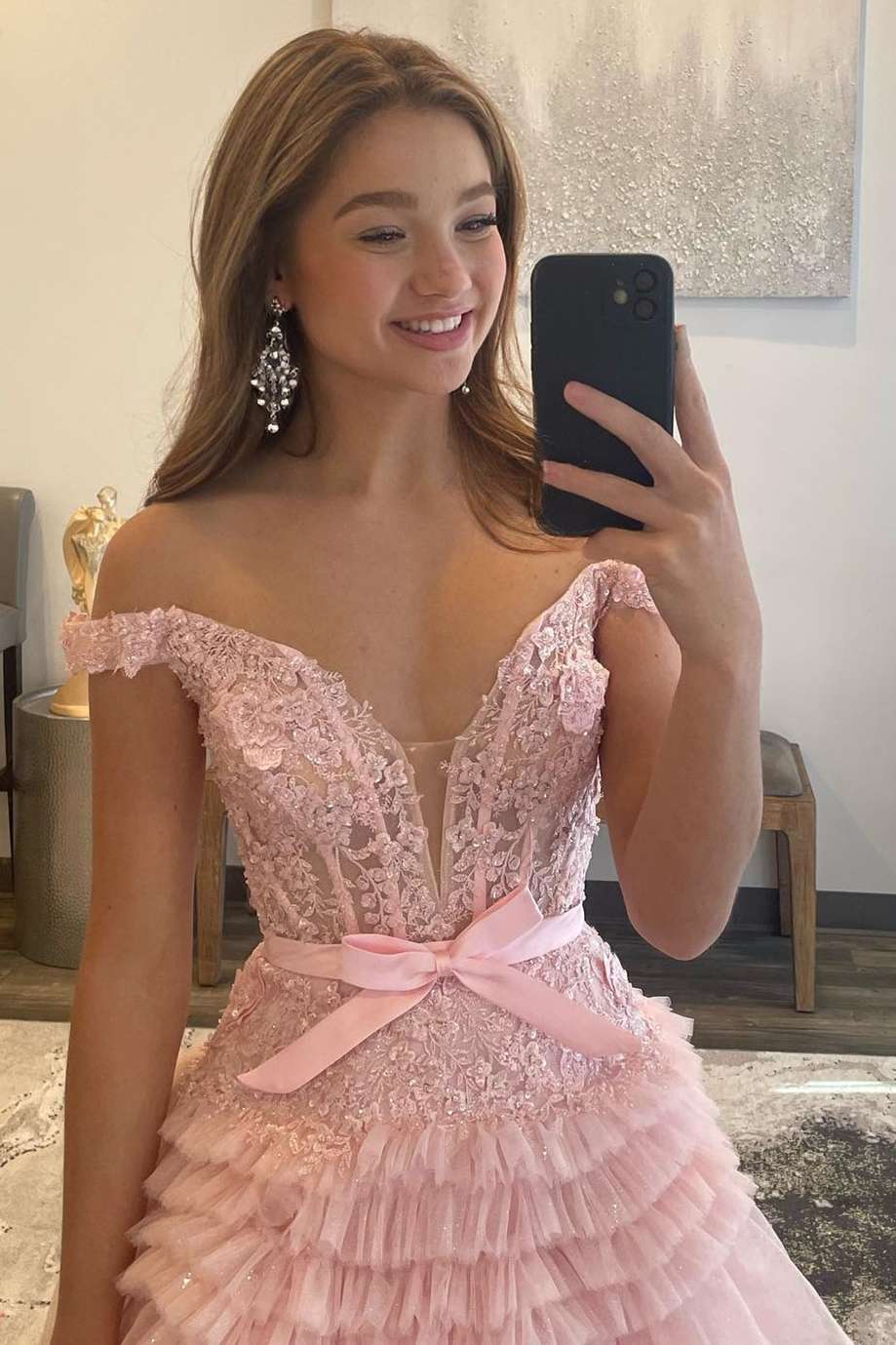 Princess Tulle Off-the-Shoulder Tiered A-Line Prom Gown