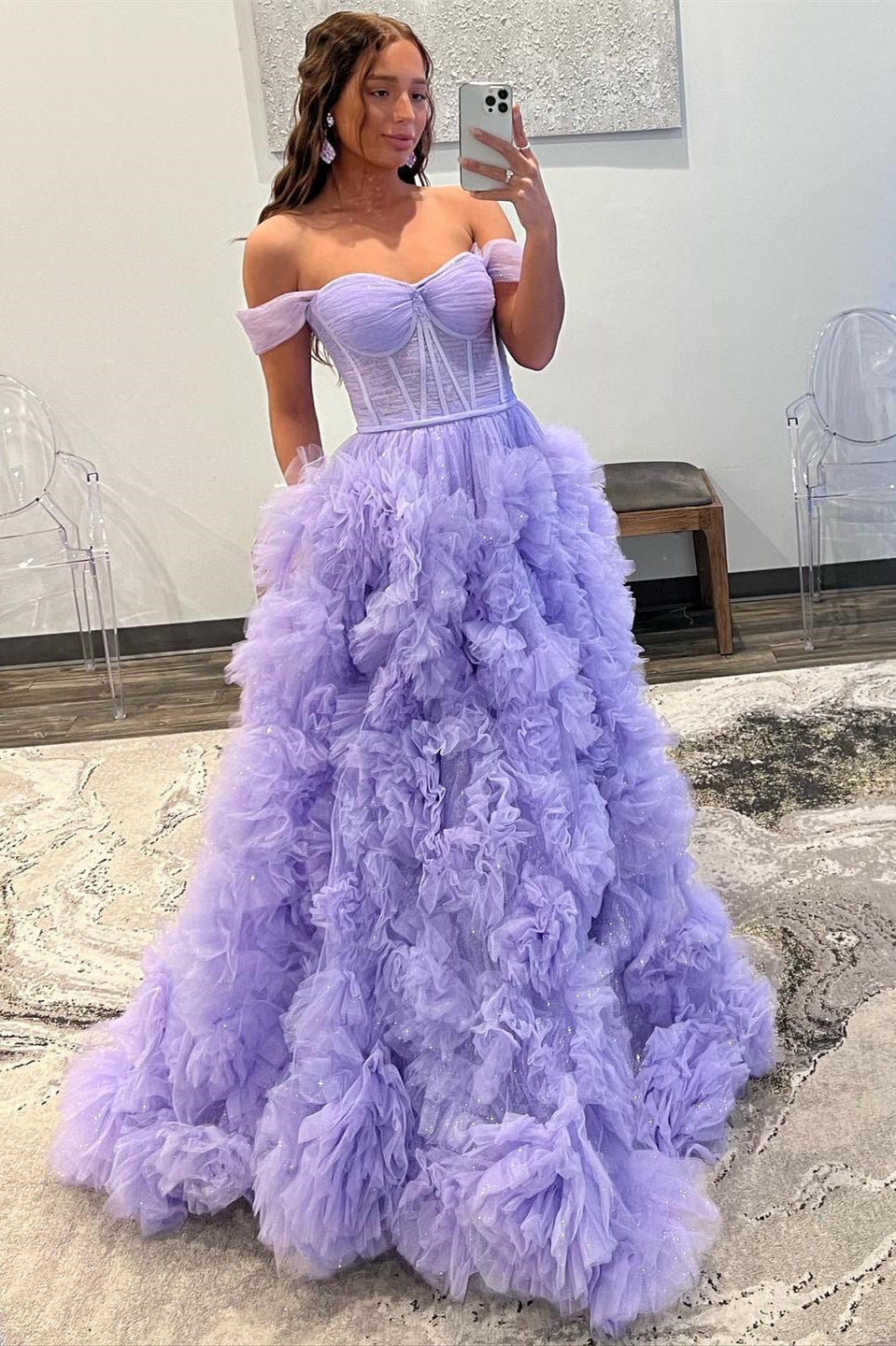 Lavender Tulle Off-the-Shoulder Long Prom Dress with Ruffles