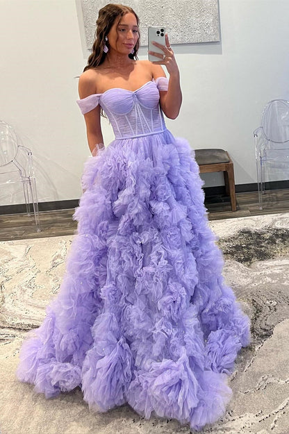 Lavender Tulle Off-the-Shoulder Long Prom Dress with Ruffles