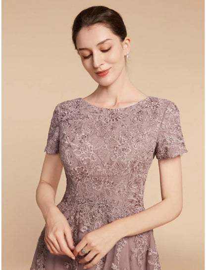 Aimishang  A-Line Mother of the Bride Dress Wedding Guest Elegant Petite Jewel Neck Tea Length Lace Tulle Short Sleeve with Ruching Flower