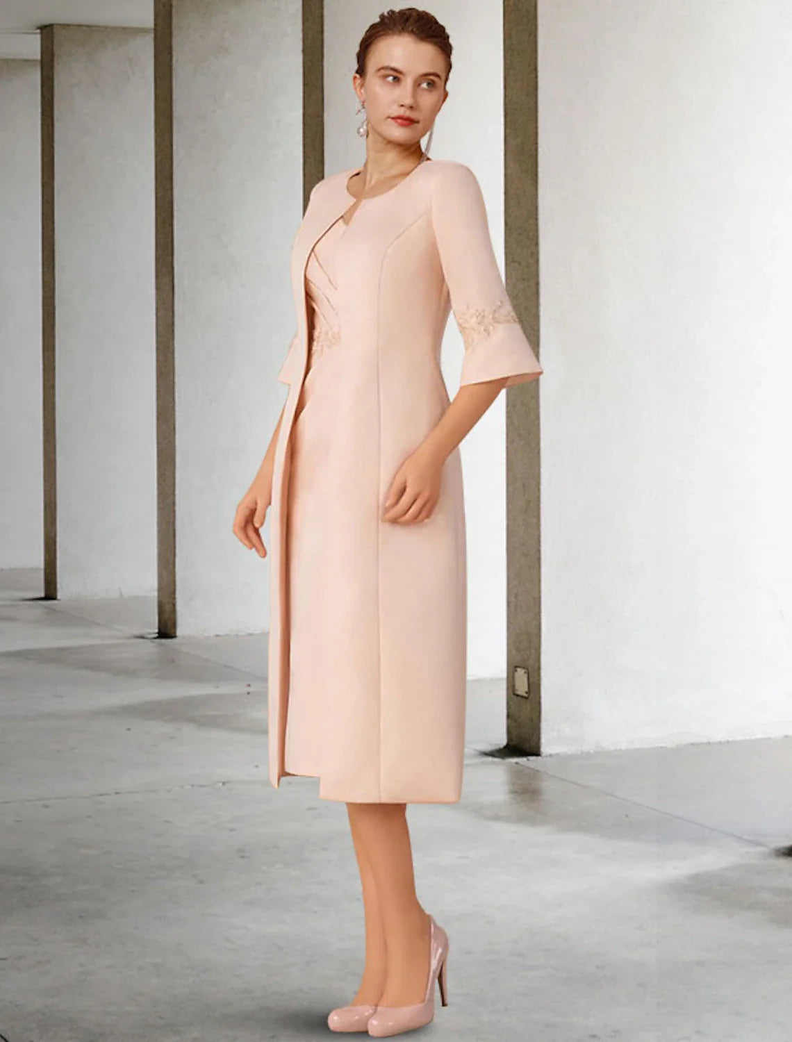 Aimishang Two Piece Sheath / Column Mother of the Bride Dress Church Elegant Winter With Jacket Short Sleeve V Neck Knee Length Lace Stretch Chiffon Appliques Side-Draped