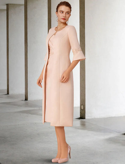 Aimishang Two Piece Sheath / Column Mother of the Bride Dress Church Elegant Winter With Jacket Short Sleeve V Neck Knee Length Lace Stretch Chiffon Appliques Side-Draped