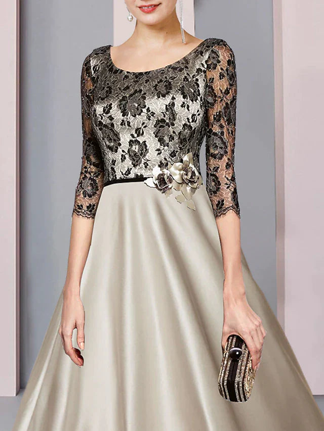 A-Line Mother of the Bride Dress Formal Church Party Elegant Scoop Neck Tea Length Satin Lace Half Sleeve with Flower Color Block
