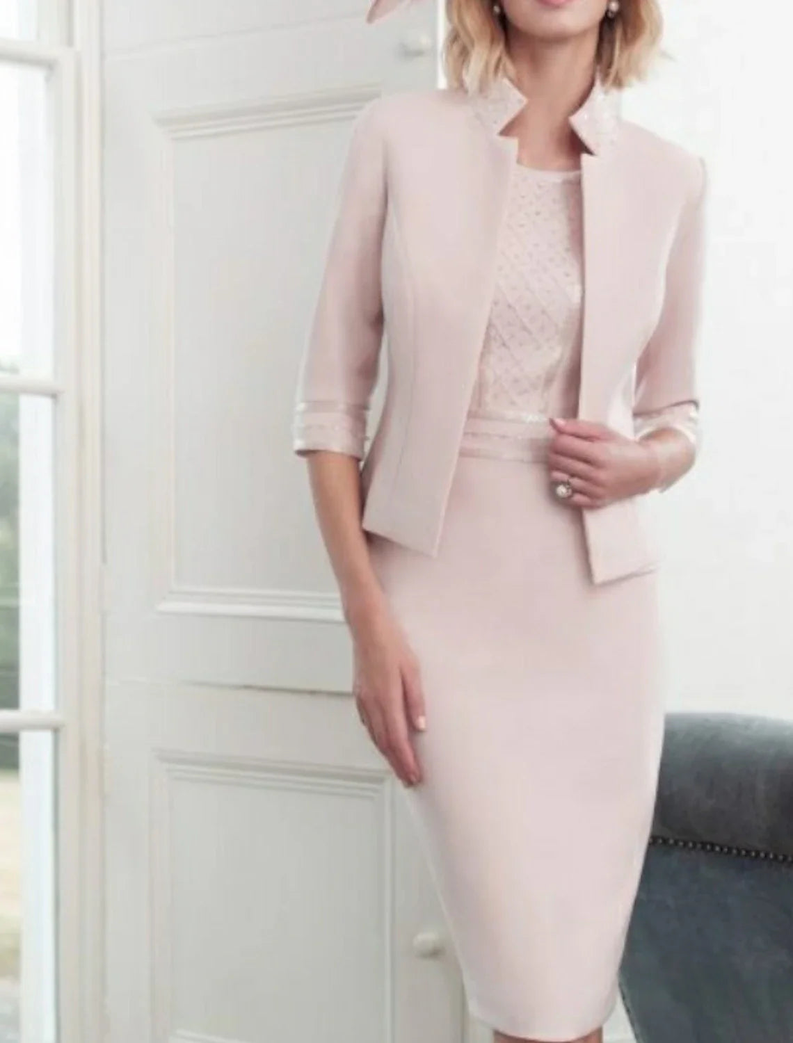 Sheath / Column Mother of the Bride Dress Wrap Included Jewel Neck Knee Length Polyester 3/4 Length Sleeve with Beading